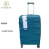 Large blue rubber suitcase with unbreakable shell, ideal for extended travel and heavy packing needs