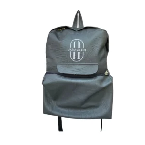 Grey Amari backpack with leather texture and front zipper pocket.